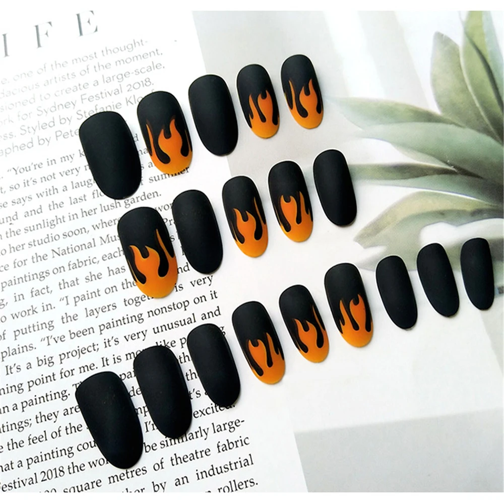 24 шт./компл. панк огонь узор матовая накладные клей для ногтей темно черый пре