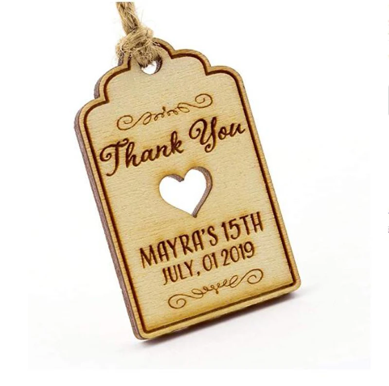 Пользовательские деревянные бирки с сердечками для благодарности свадебные