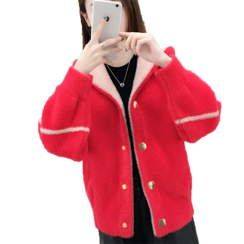 

Women's Short Coat Of imitation Mink Velvet， New，Suitable For autumn Winter， Female loose Hooded Wool Jacket Elegant Coat A143