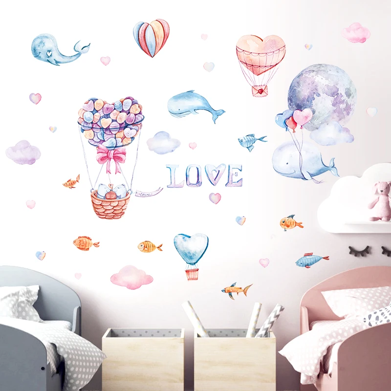 

baby room cartoon love wall sticker self adhesive cartoon hot air balloon dolphin wall decal for kids children bedroom