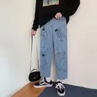 Джинсы мужские с мультяшным принтом, прямые свободные брюки до щиколотки для студентов-подростков в Корейском стиле, весна 2021