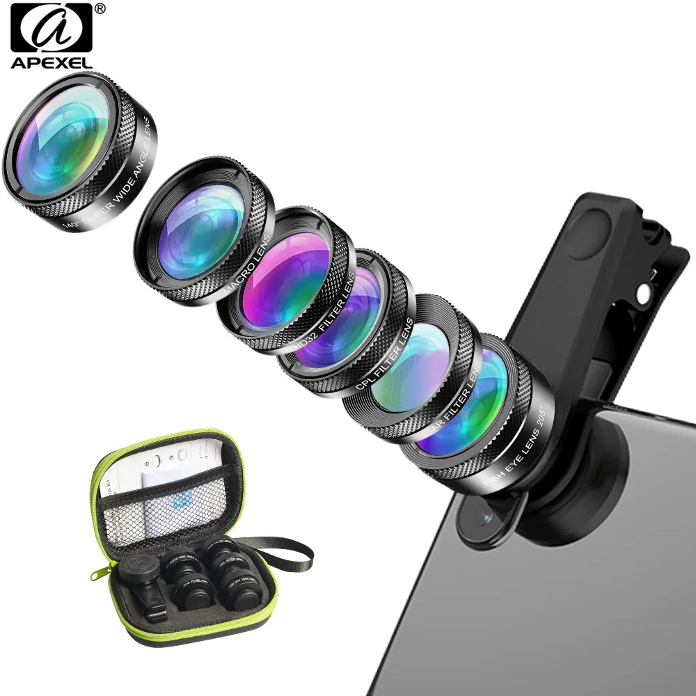 

APEXEL New 6in1 Kit Camera Lens Photographer Mobile Phone Lenses Kit Macro Wide Angle Fish Eye CPL Filter For iphone Xiaomi mi9