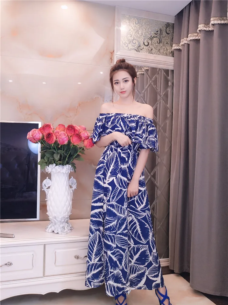 Новая летняя женская одежда с косой вырез оборками Модное Длинное Платье принтом