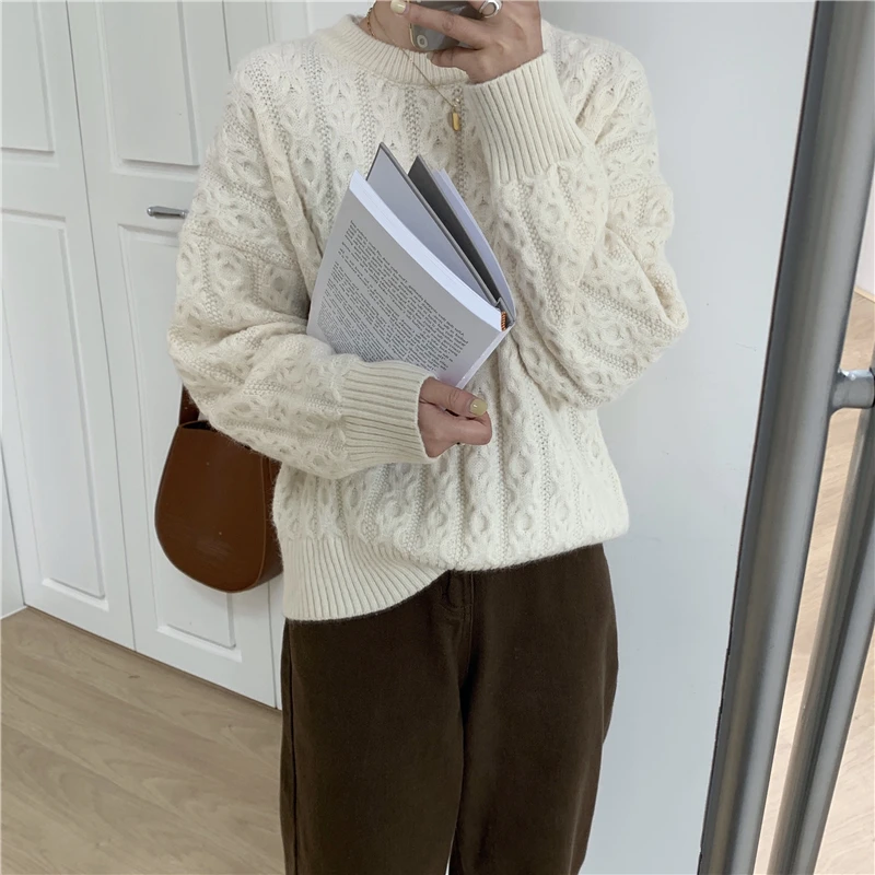 

HziriP New Autumn Winter Bottoming Tops Elegant Solid Twisted Sweater OL Pullovers Loose Warm Knitted Sweaters Woman Clothes