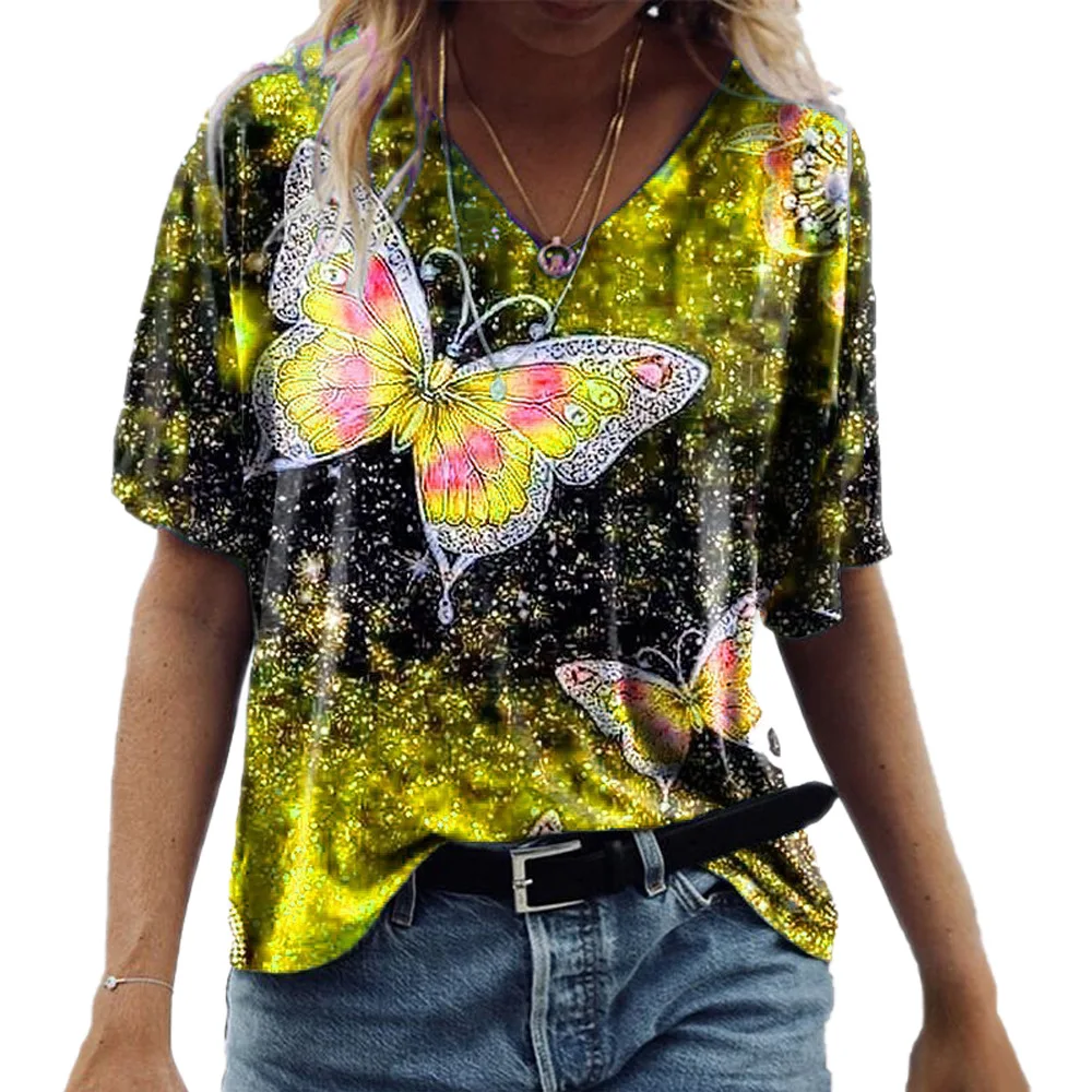 

2021 Summer Tee Shirt Women v Neck Short Sleeve Casual Butterfly Print Vintage Tops Pullover Female Elegant Streetwear T-shirts
