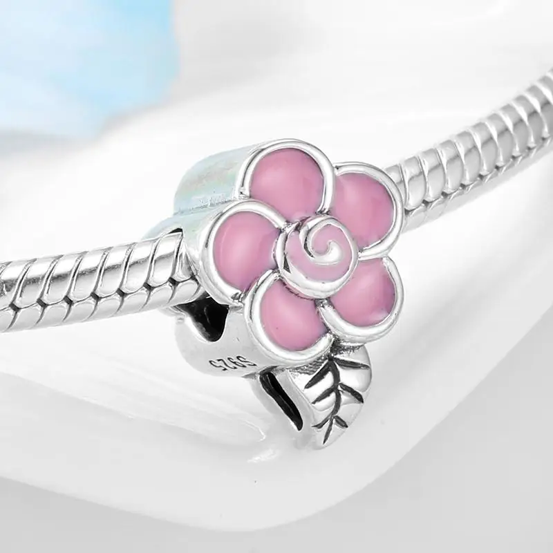 

High quality 925 Sterling Silver Pink Enamel Flowers Charms Beads For jewelry making Fit Original Women Charm Bracelets
