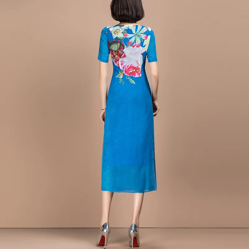

Spring Summer 2021 New Casual Short Sleeve Floral Blue Chiffon Dress Women