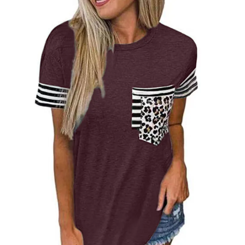 

2021 European and American new hot product round neck striped stitching leopard print double pocket short-sleeved T-shirt Mini