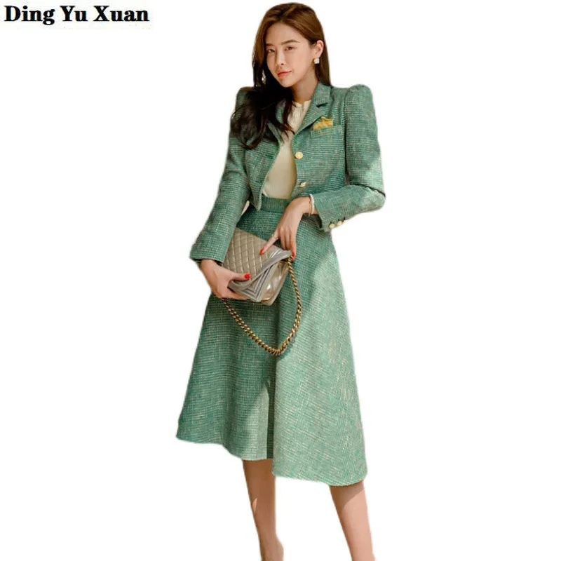 Winter Suits Clothing for Women Blazer and Skirt Set Green Formal Suit Womens Slim Short Jacket Coat with A-lined Long Skirts