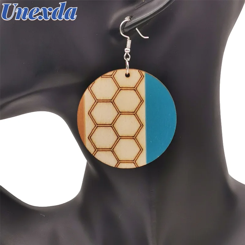 

Unexda Bohemian Fashion Earring Personality Honeycomb Pattern Round Wood Drop Earrings For Women Handmade Long Earrings Jewelry