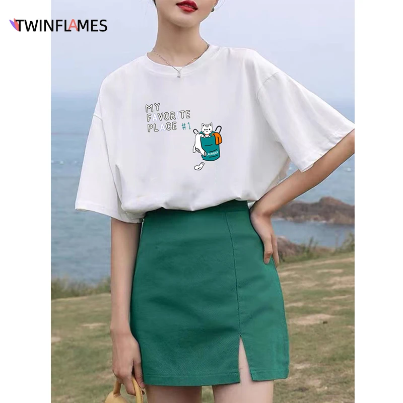 

TWINFLAMES 2022 Kawaii Clothes Alphabet Canned Cat Women's T-shirt Summer New Oversized Cotton Tees Soft Tops for Girls