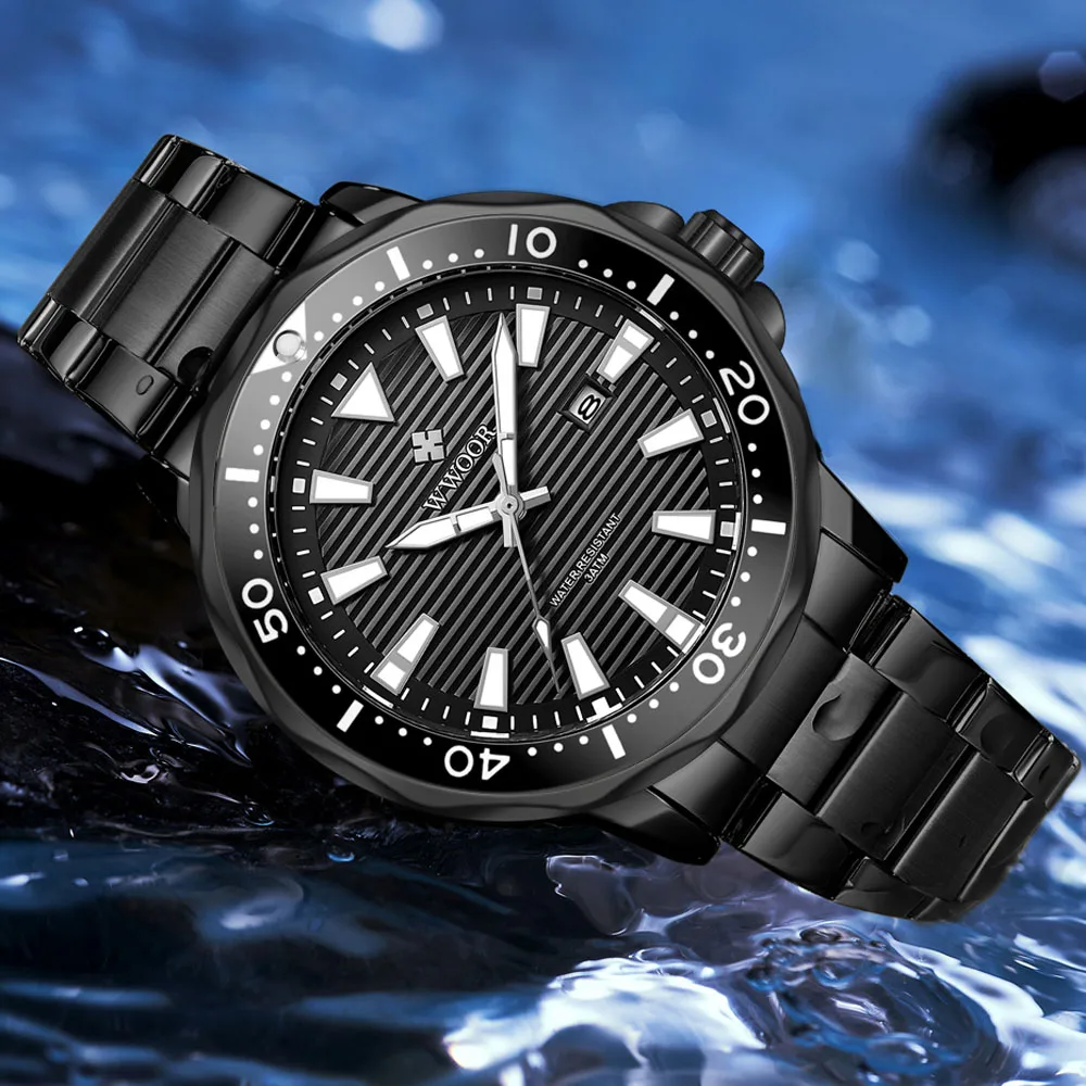 2021 New WWOOR Mens Watches Black Stainless Steel Top Brand Luxury Sports Quartz Wrist Watch Diving Date Clock Male Reloj Hombre