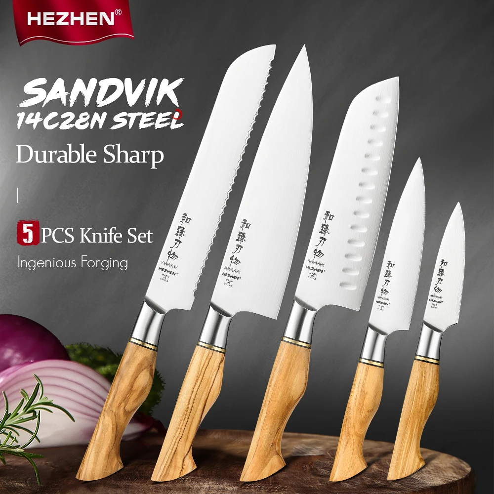 HEZHEN-Juego de cuchillos Sandivik 14C28N de acero inoxidable, Santoku, Utilidad de pelado, cuchillo de cocina para carne, afilado, 1-5 unidades