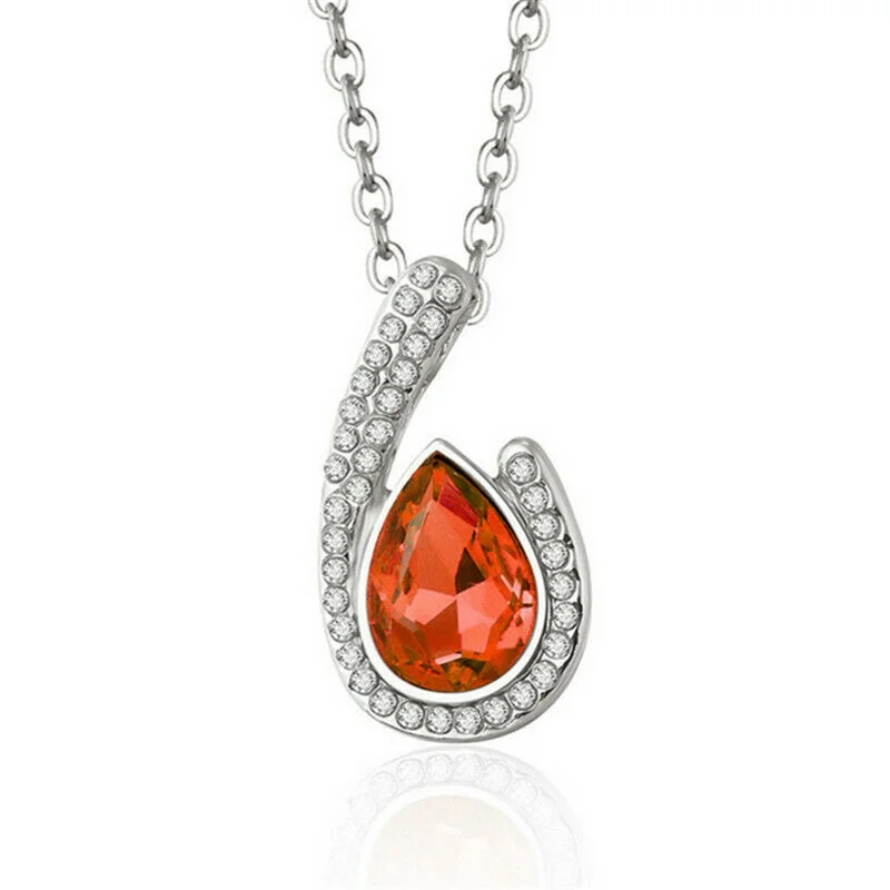 

Women Jewelry Red Crystal Rhinestone Tear Drop Charm Silver Pendant Necklace