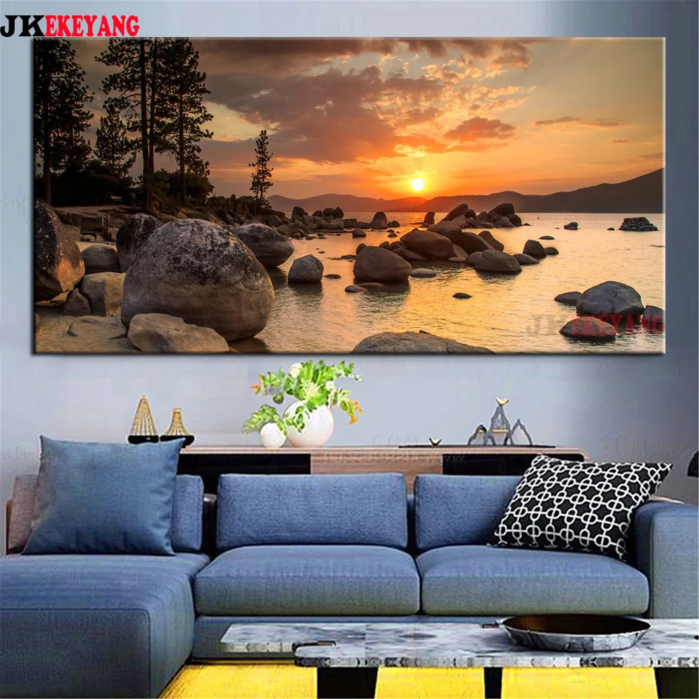 

Большая алмазная живопись 5D "сделай сам", закат у озера, бриллиантовая вышивка крестиком, домашний декор Y4277