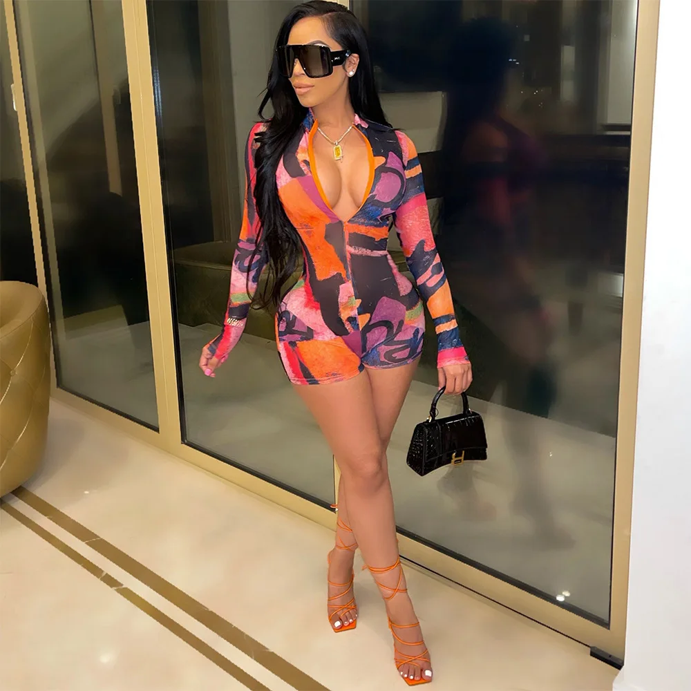 

Goocheer 2021 New Summer Women Playsuit Floral Print Deep V-Neck Long Sleeve Romper for Ladies Sexy Clubwear