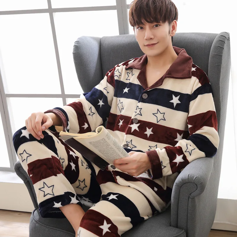 

Autumn and winter 2019 Leisure Style Men's Pajamas Set Warm Flannel Thicken Male Pajamas Sets Long Sleeve Sleepwear Top +Pant