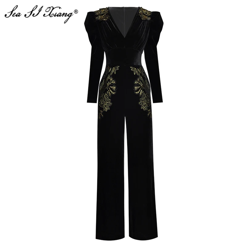 Seasixiang  Fashion Designer Spring Velvet Jumpsuits V-neck Puff Sleeve Gold Line Embroidery Vintage Jumpsuits