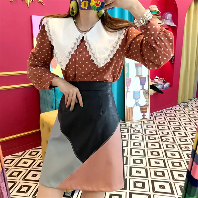 

RUGOD 2021 Spring Doll Collar Polka Dot Large Collar Lace Trim All-match Shirt