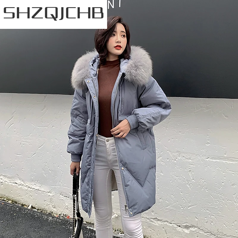 

Женский длинный пуховик SHZQ, зимняя парка из 2021 натурального меха енота, модель B19R02099