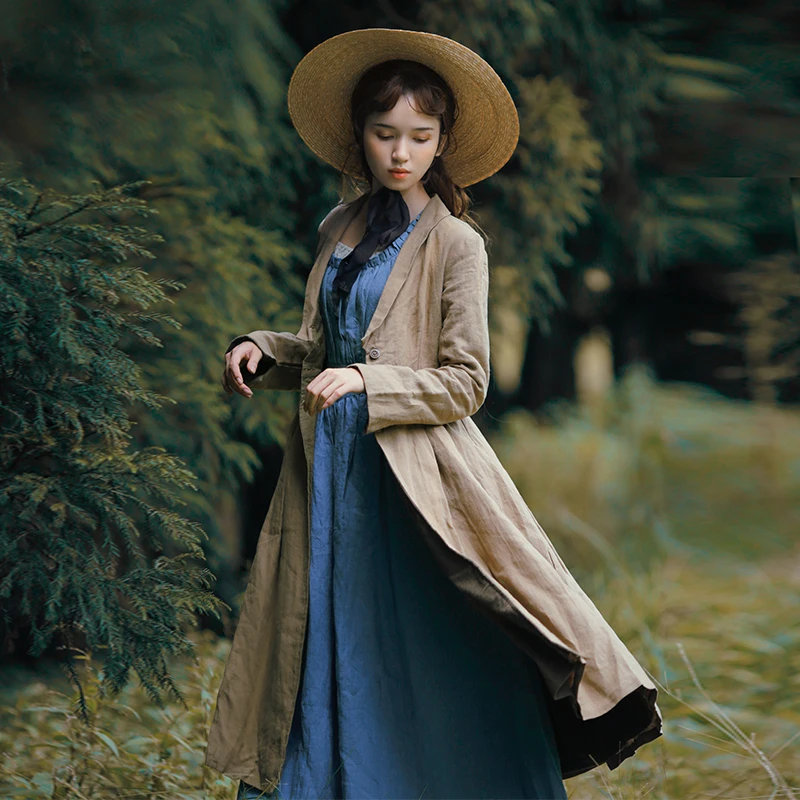 

autumn Spring and original design women's retro single-breasted long-sleeved linen fashion trench coat
