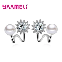 elegant fashion aaa white cz crystal pearl flower clip on earrings 925 sterling silver ear jewelry for women girl femme brincos