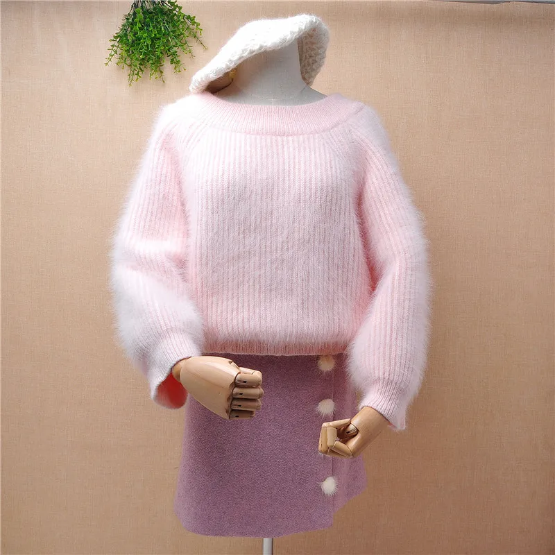 

Girls women fashion sweet pink fashion slash neck mink cashmere knitwear angora fur long flare sleeves pullover jumper sweater