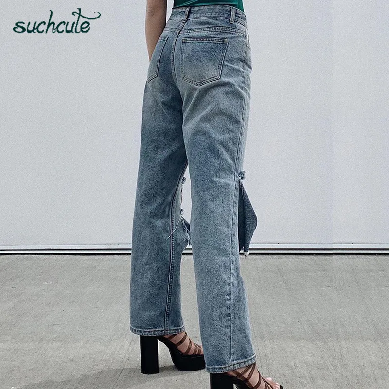 SUCHCUTE Hole Jeans Women Wide Leg Denim Pants Plus Size Punk Korean Style Trouser Casual Korean Style Harajuku Female Joggers