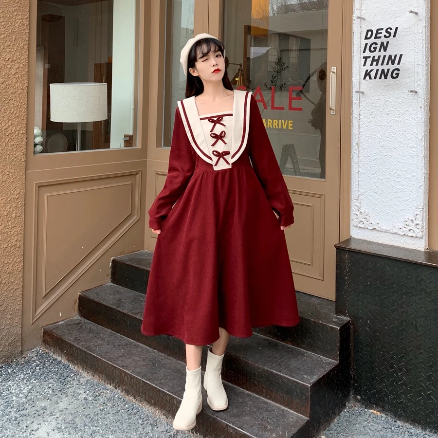 

French Style Retro College Style Sweet Bow Sailor Collar Tight Waist Long Sleeve Dress for Women Autumn and Winter lolita dress