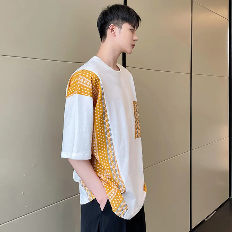 

IEFB Men's Summer New Clothing Korean Trend Patchwork Pattern Loose Big Size White T-shirts Fashion O-neck Short Sleeve Tops