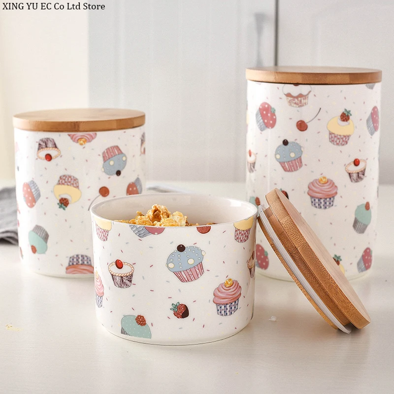 

Cute Creative Ceramic Wooden Lid Sealed Jars Dried Fruits Whole Grains Candy Snacks Tea Cans Kitchen Storage Jars Storage Boxes