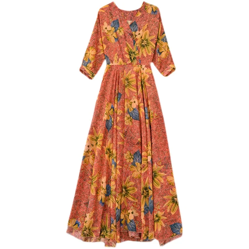 

Summer Floral Print Maxi Dress for Women Casual Long Sleeve O-neck High Waist Plus Size Ladies Elegant Party Long Dress Vestidos