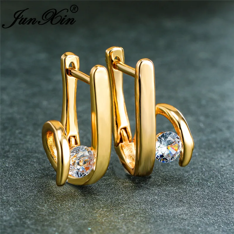 

Unique Geometric Crystal Hoop Earrings For Women White Gold Yellow Gold Round White Zircon Stone Earring Wedding Party Jewelry