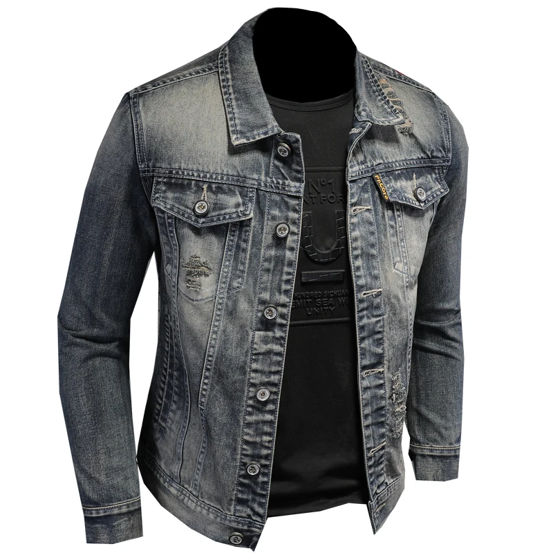 

Chaqueta Bomber gris de mezclilla rasgada de primavera para hombres, abrigos de mezclilla con agujero, cuello de motocicleta, pr