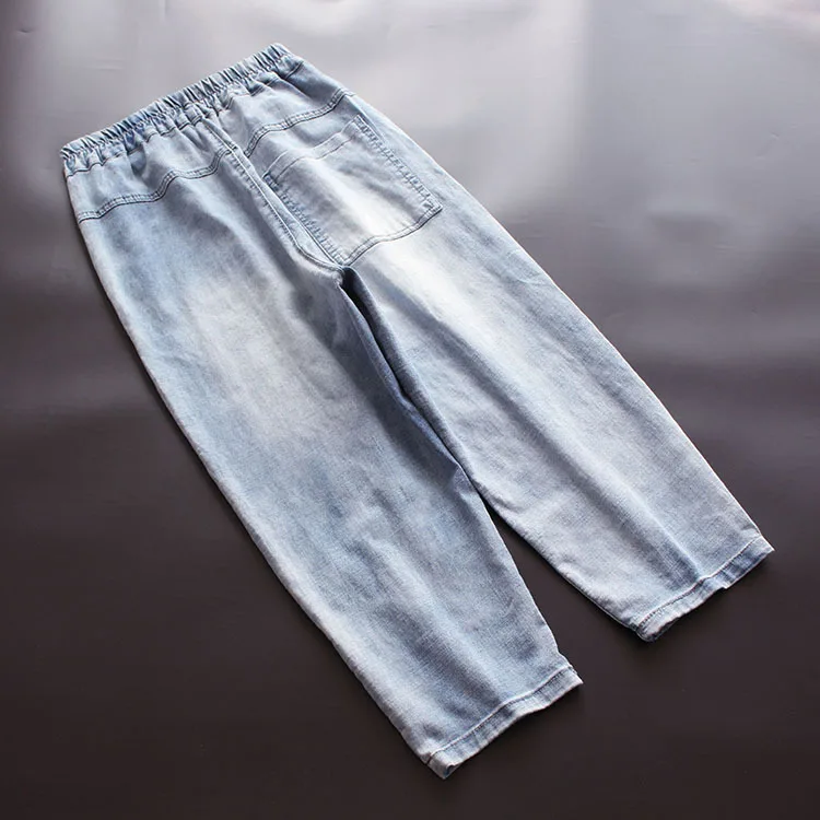 

9012New women's spring clothing artistic stitching casual elastic waist solid color jeans harem pants cropped pants