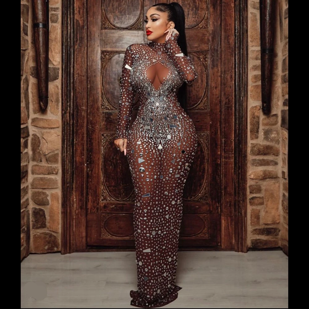 

Sexy Mesh Perspective Mirrors Rhinestones Celebrite Party Birthday Long Dress Women Bar Nightclub Outfit Singer Show Stage Wear