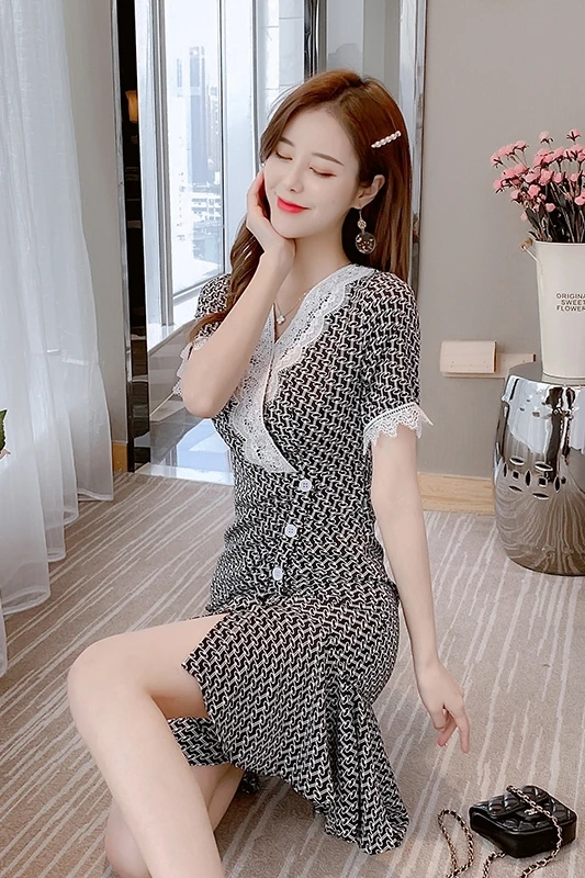 

COIGARSAM Cute Chiffon Women dress New Summer Dresses Gray Red 8853