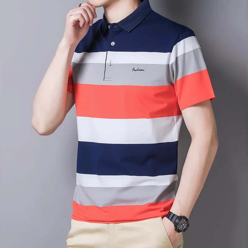 

Loldeal Men Polo Shirt Fashion Slim Fit Striped Comfortable Cotton Sweatshirt