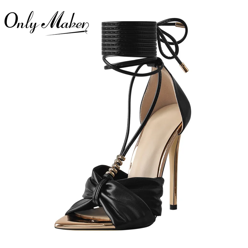 

Onlymaker Women's Summer Lace-Up Sandals Pointed Toe Matte Black Butterfly Stiletto High Heel Shoes Cover Heel Large Size Party