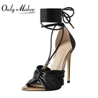 Женские босоножки на шнуровке Onlymaker, летние туфли с острым носком, матовые черные туфли-бабочки на шпильке, вечерние туфли большого размера на каблуке-шпильке