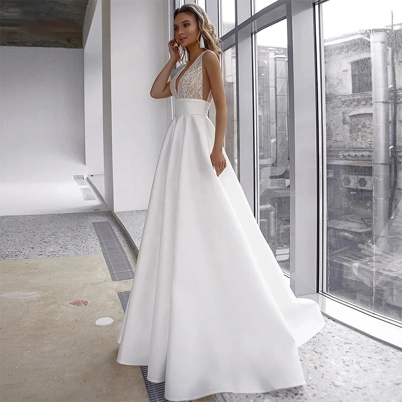 bridal dresses Bohemian Wedding Dress V-Neck Cap Sleeve A Line Boho Simple Bridal Gowns Vestido De Noiva Elegant Bride Dresses modest wedding dresses