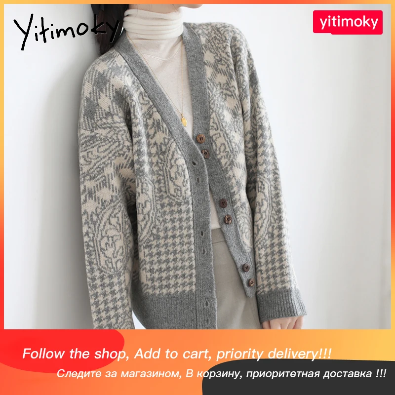

Yitimoky цветочный кардиган женский свитер черный винтажный клетчатый вязаный верхняя одежда 2021 Осенняя новая одежда с длинным рукавом Повсед...