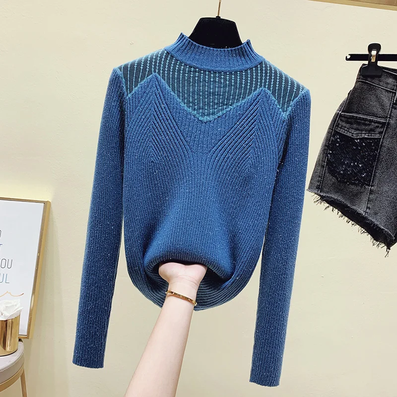 Яркий шелковый кружевной пуловер Женский Осенний блестящий свитер с длинным