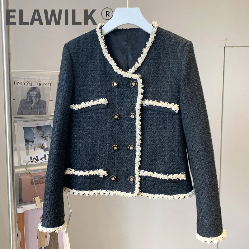 

2021 New Autumn Winter Black Tweed Jacket Coat Women Small Fragrance Patchwork Woollen Cropped Coats Elegant Short Outerwear