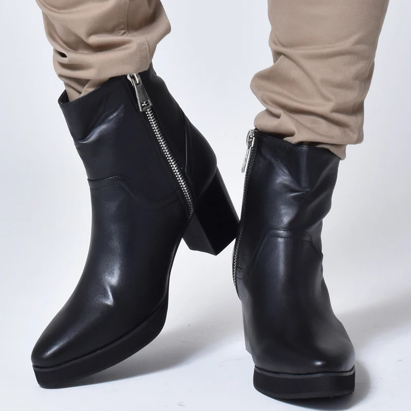 Новинка Красивая мужская обувь на высоком каблуке молнии с острым носком мужские