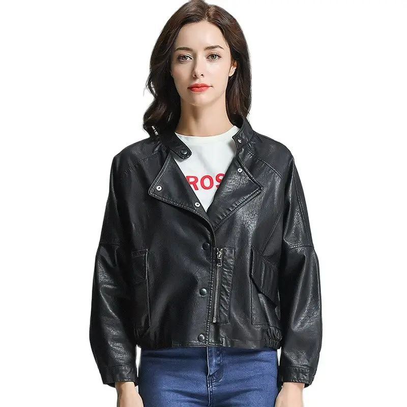 

Женская куртка из искусственной кожи, свободная уличная куртка на молнии для мотоциклистов, пальто в стиле панк, 2021