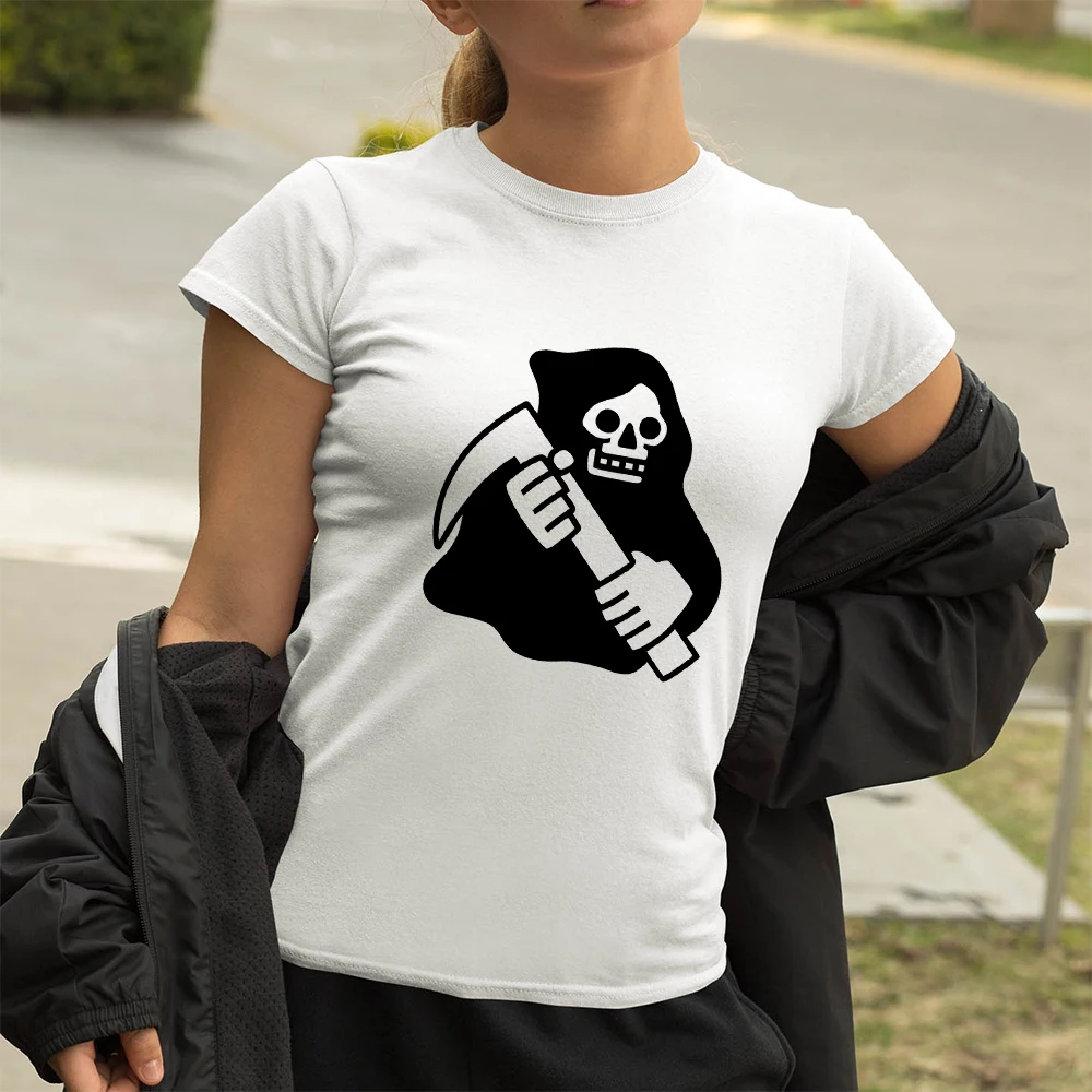 

Cartoon Series T Shirt Grim Reaper Has Small Sickle Printed Short Sleeve Tops Tee Hipster Creative Fashion Women T-shirt Trendy