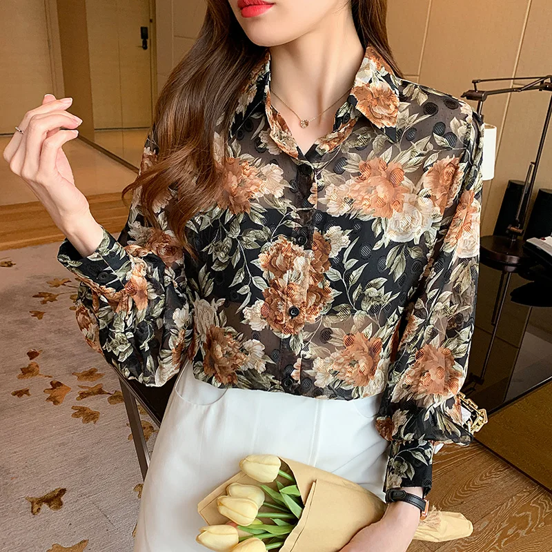 

Chiffon Women's Blouse Polo Girl's Shirt Casual Clothing Print Loose Summer Long Sleeve Top Lady Fashion Houthion