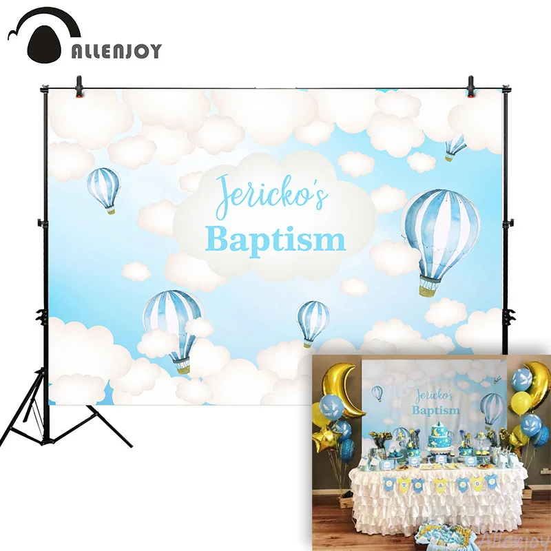 

Allenjoy Baby Shower Background Boy Baptism hot air Balloon Sky Christening Backdrop Curtain Photozone Birthday Party Banners