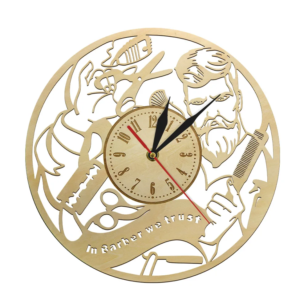 Barber Shop Logo Wooden Clock Fashion Hairstyle Men Salon Room Decor Wall Clock Rustic Hairdresser Wall Watch